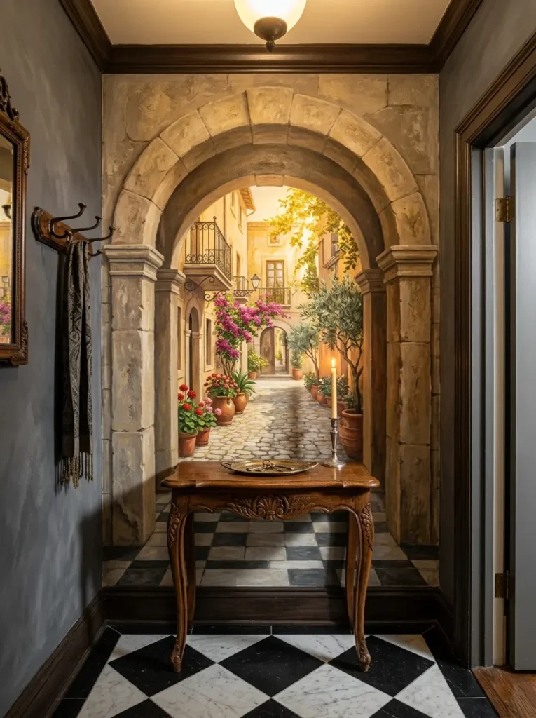 Realistic European street mural painted at the end of a narrow hallway
