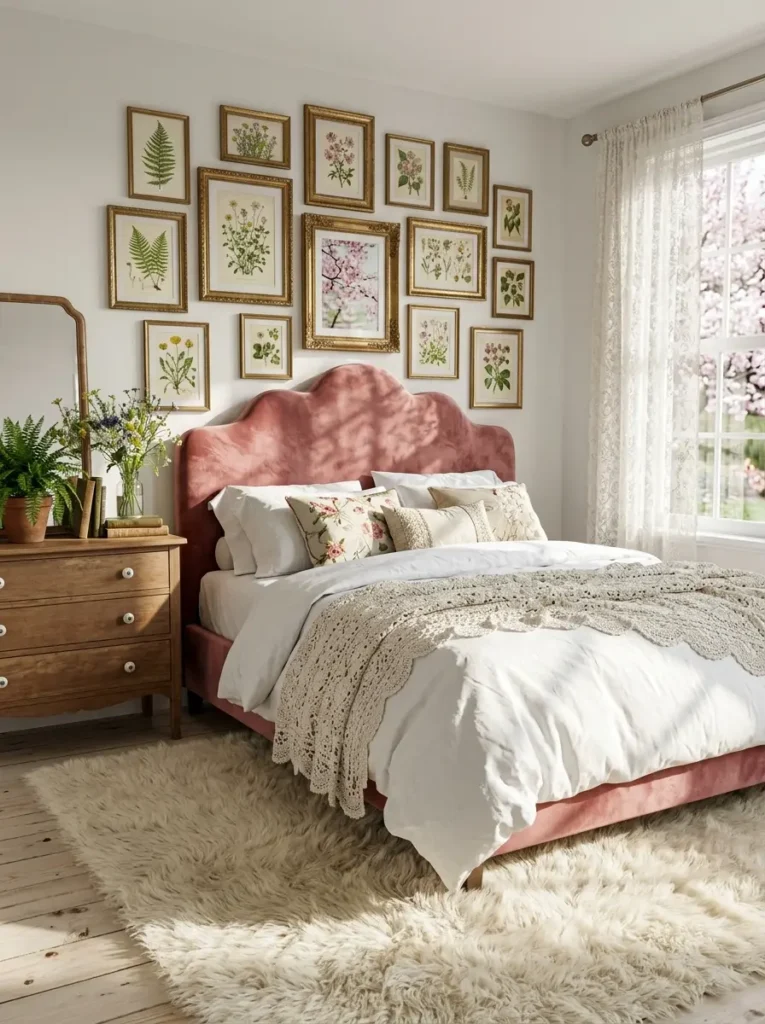 Curved pink velvet headboard placed under a gallery wall of framed botanical prints near a wooden dresser