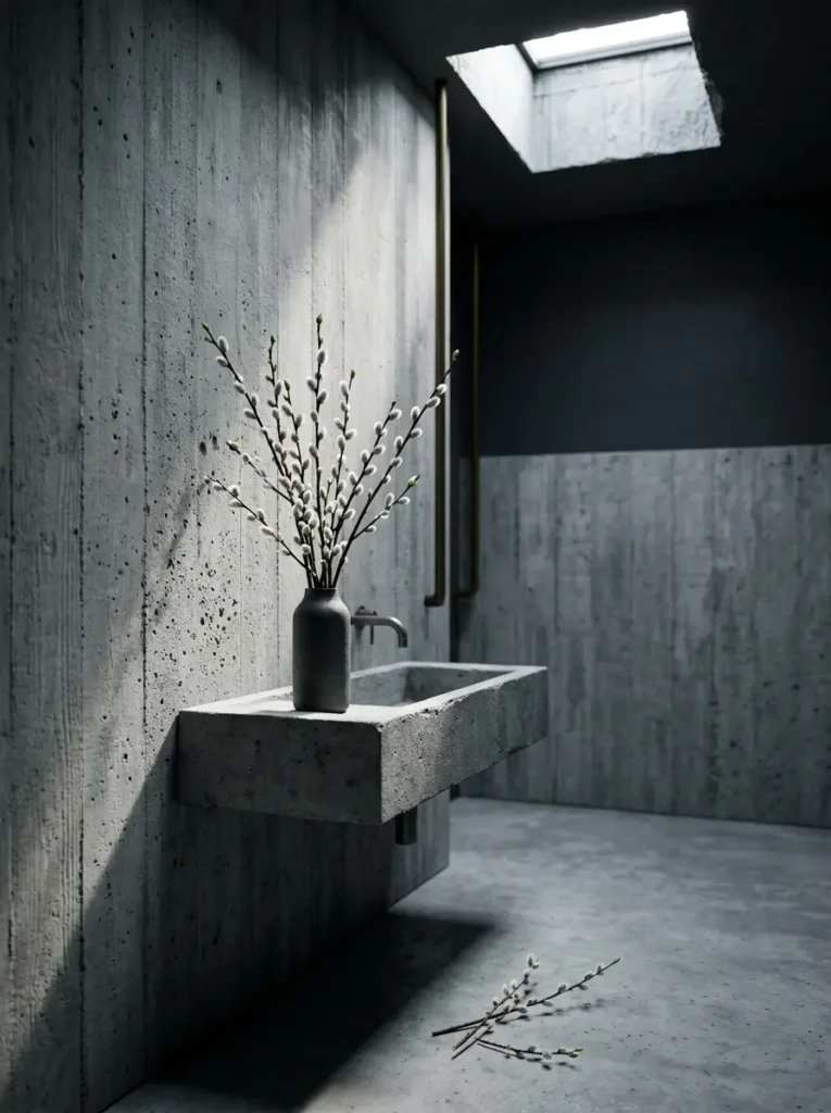 Raw grey concrete bathroom walls with pussy willow branches in a vase.