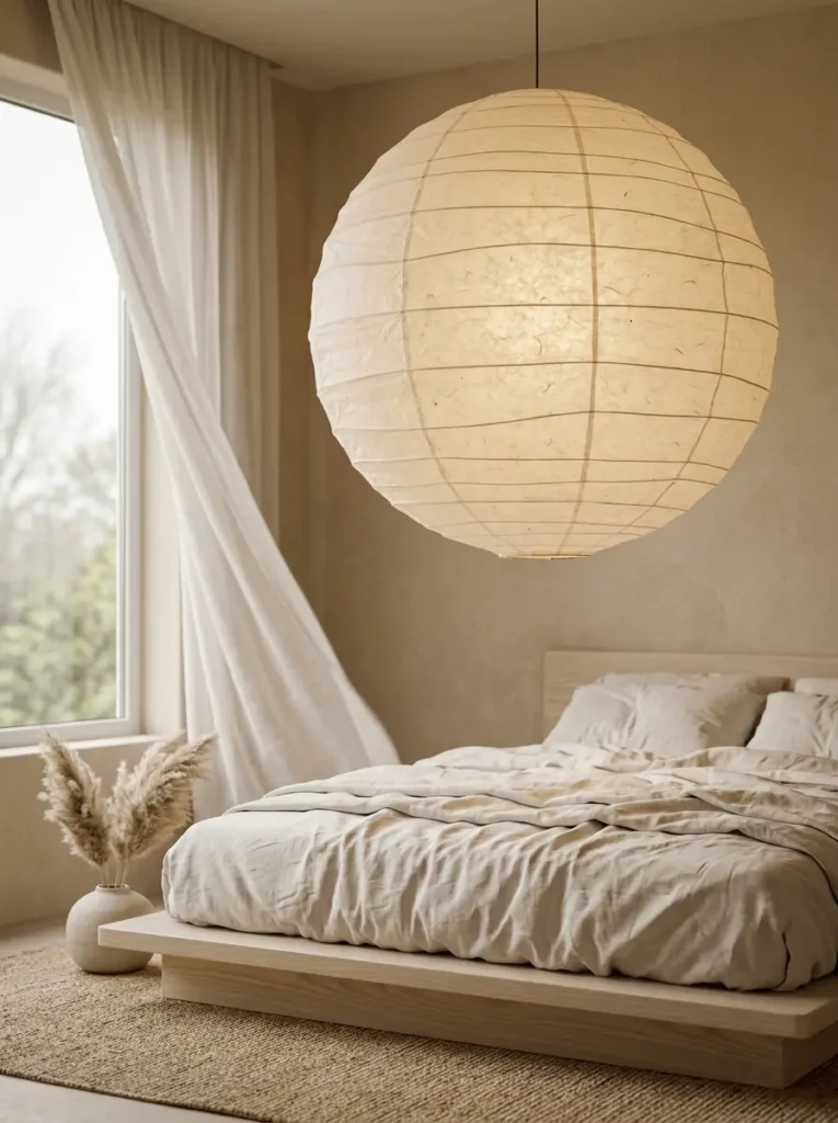 Large round paper lantern hanging over a minimalist platform bed in a neutral room.