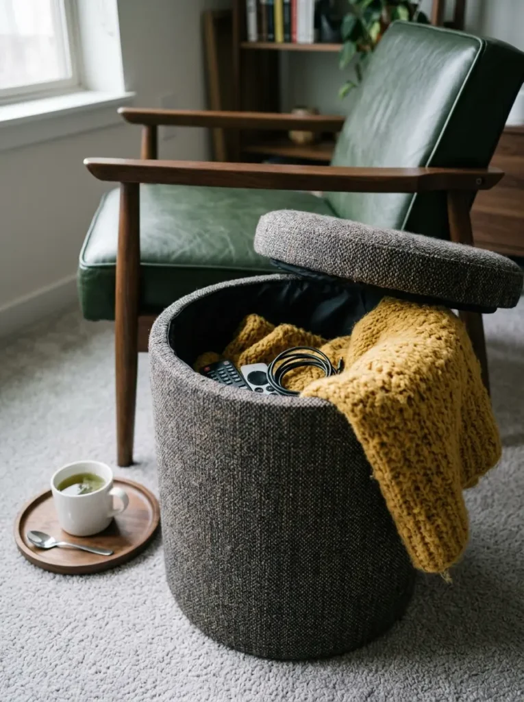 Textured tweed hidden storage ottoman slightly open revealing a yellow blanket inside.