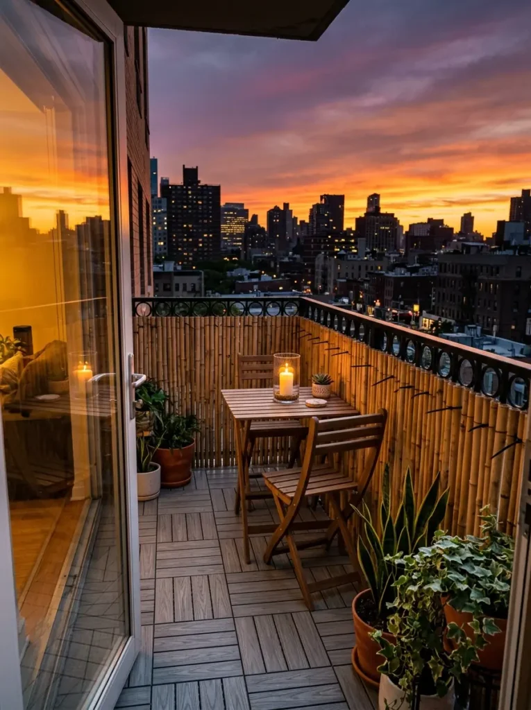 Rolled bamboo fencing attached to a metal apartment balcony railing at sunset