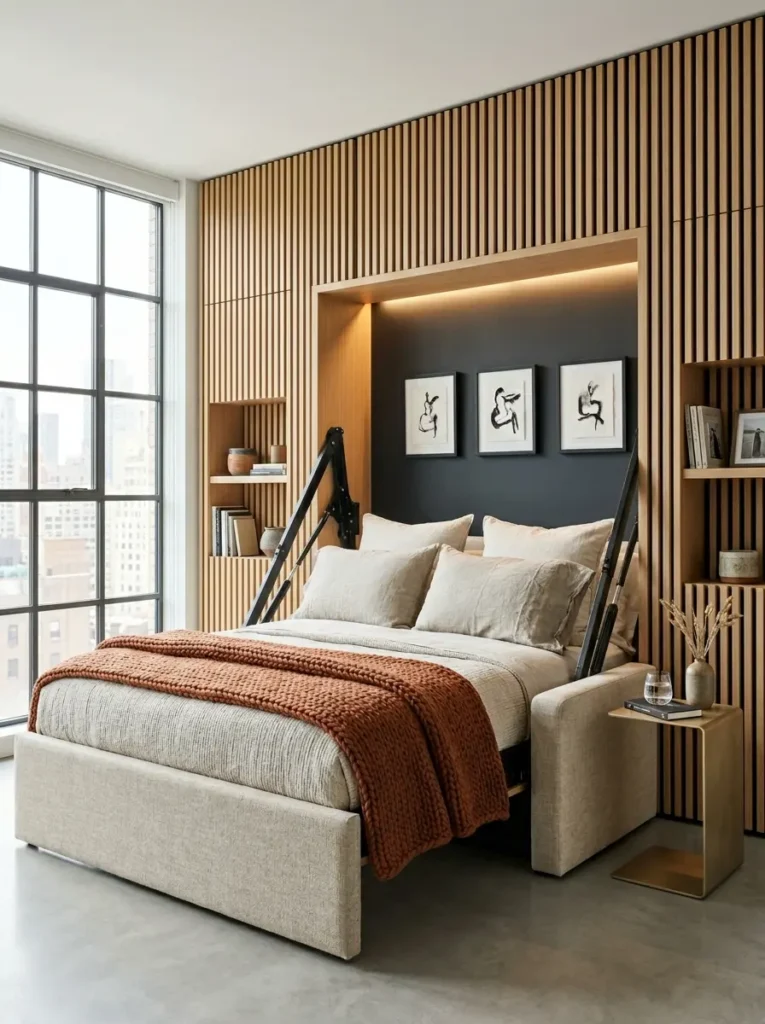 Large bed lowering from a wooden wall unit directly over a beige fabric couch.
