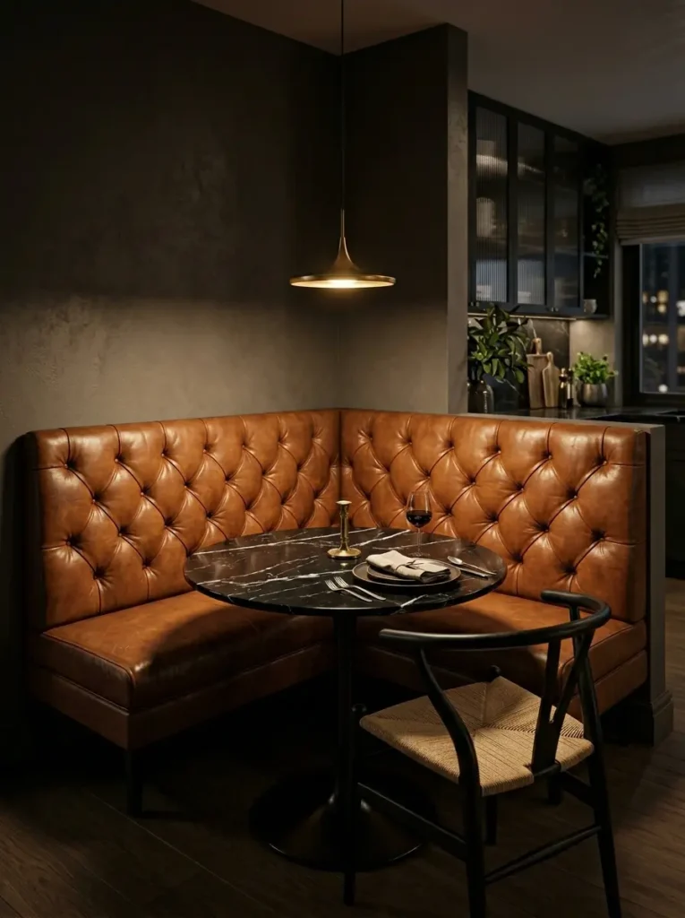 Tufted Corner Banquette Seating Tufted brown leather corner banquette seating around a round black marble cafe table.