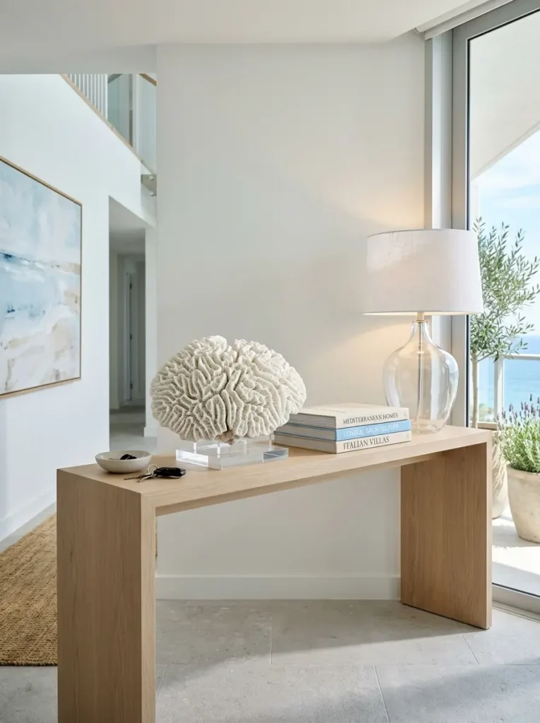 Large coral decor on an acrylic stand atop a light wood table.