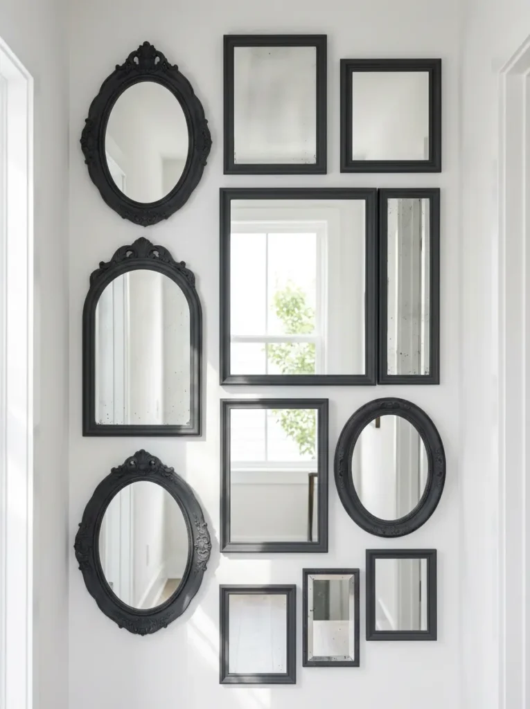 Various shapes of vintage mirrors painted matte black arranged on a narrow hallway wall