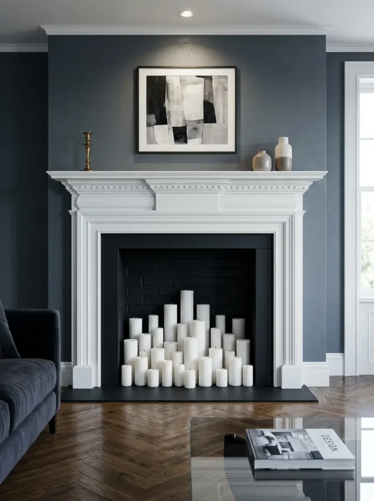 Pillar Candle Fireplace Display Dozens of white pillar candles in varying heights arranged inside a black painted fireplace hearth.