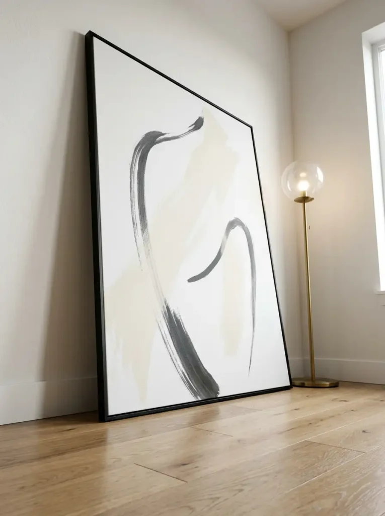 Oversized Leaning Floor Art | StylishGalore Massive abstract canvas painting with black frame leaning against a white wall on oak floors