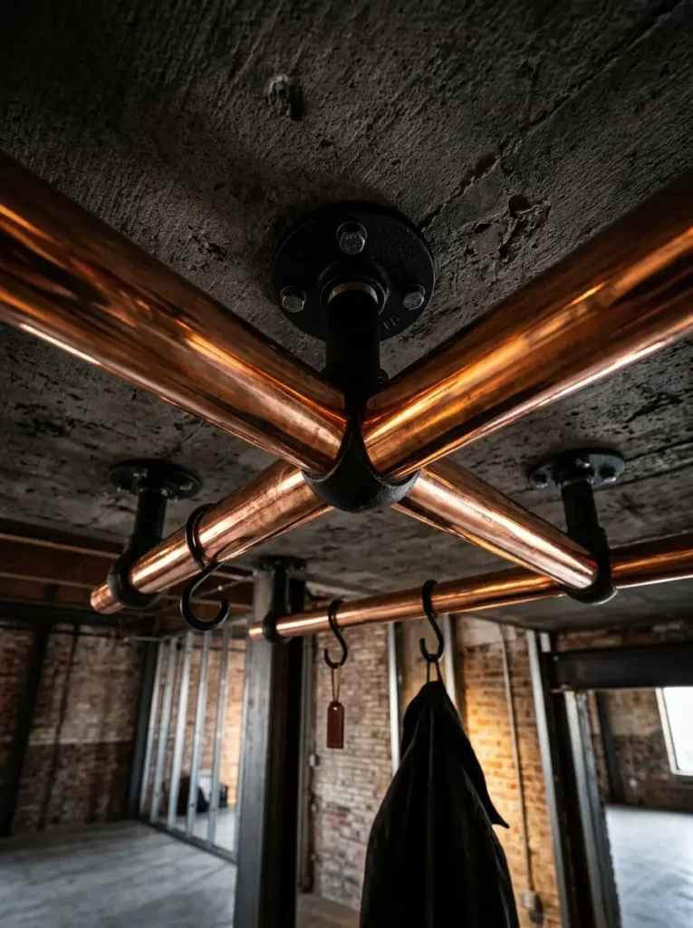 Industrial Copper Pipe Hanger Ceiling mounted coat rack made of bright copper pipes and black iron fittings holding a canvas bag.