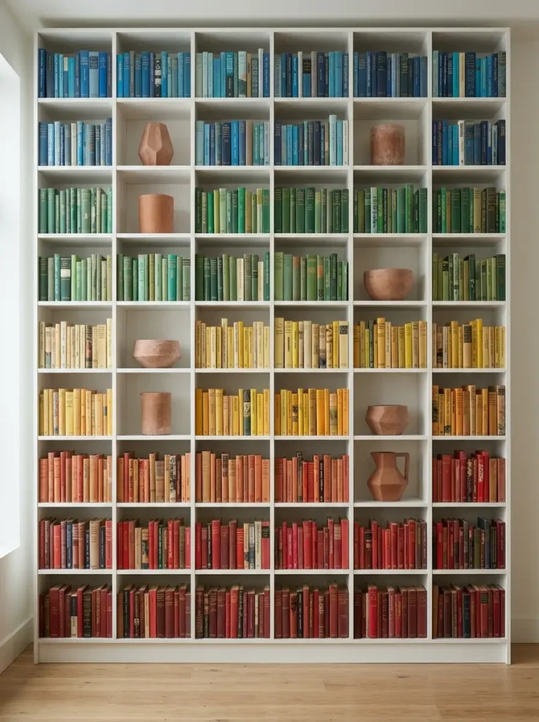 Color Graded Rainbow Bookshelf Tall white living room shelving unit with books organized by color creating a rainbow gradient effect