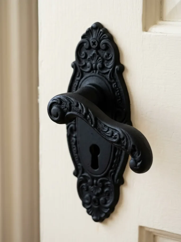 Ornate vintage door handle and backplate painted in flat matte black on a white door.