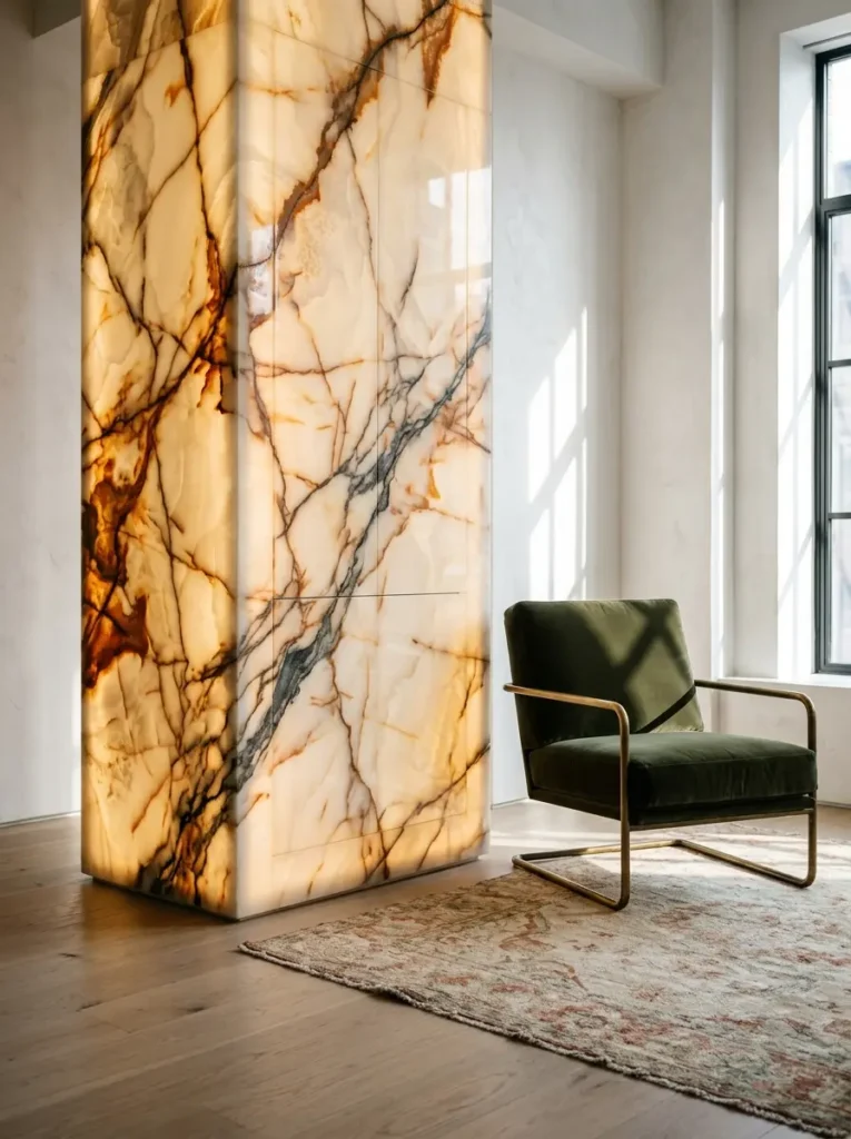 Glowing backlit onyx stone pillar in a minimalist room