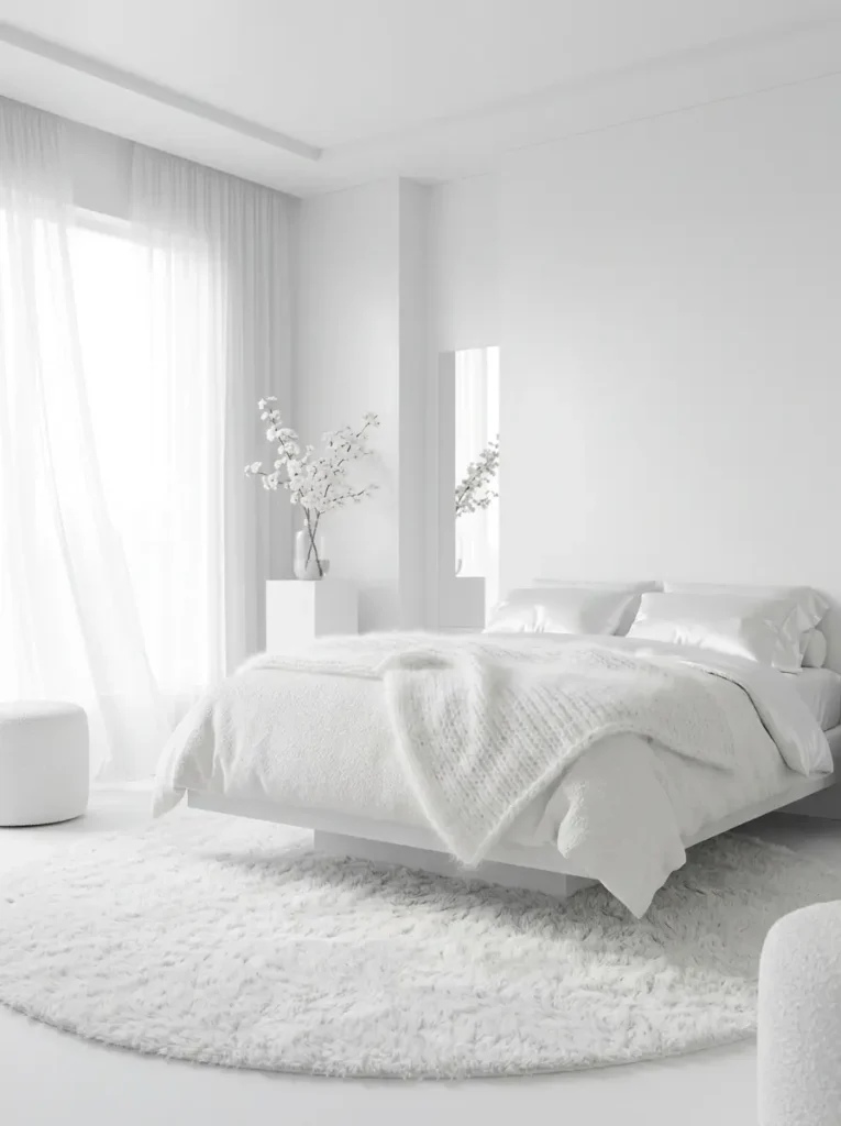 Minimalist white floating bed over a fluffy round rug with sheer white curtains blowing in a bright spring breeze