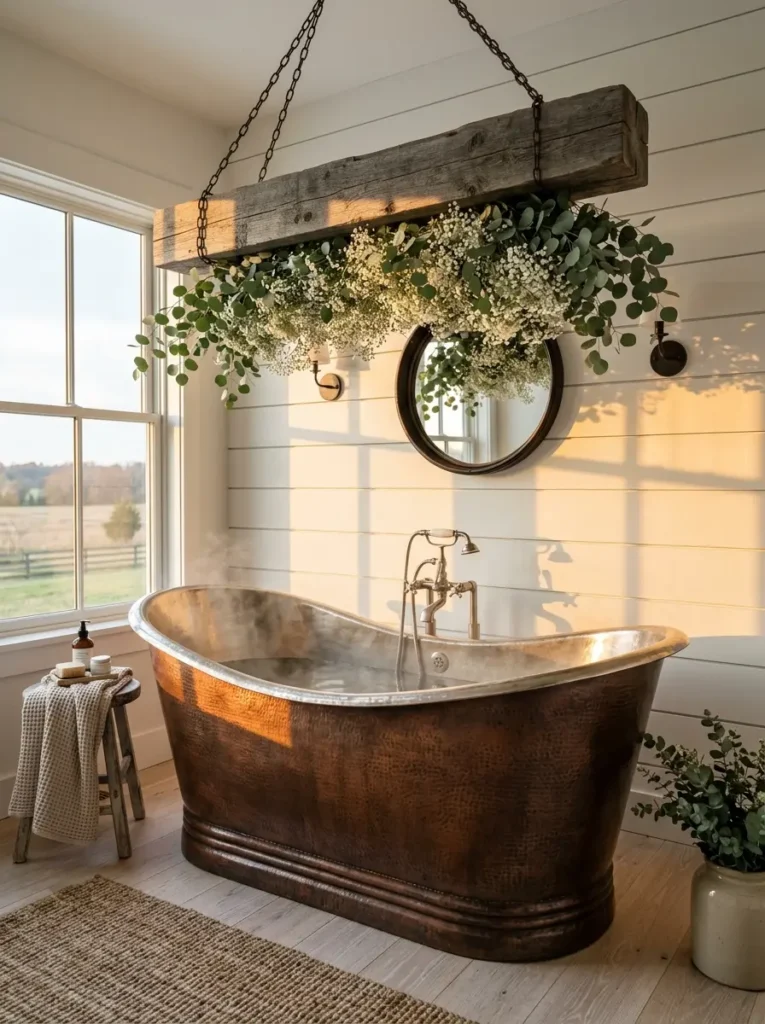 A freestanding copper bathtub with fresh eucalyptus hanging from a wooden beam.