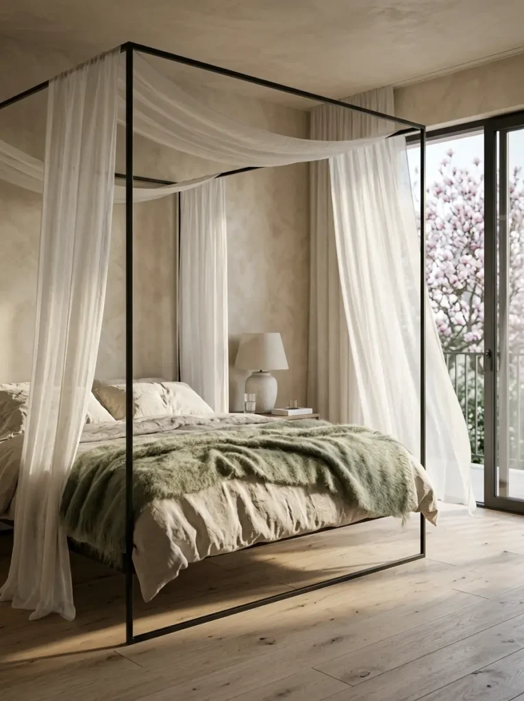 Black metal canopy bed with sheer white drapes and a view of spring blossoms.