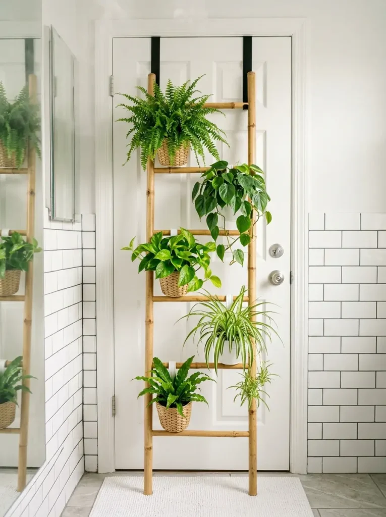 Bamboo ladder hanging over a white door holding multiple potted green plants