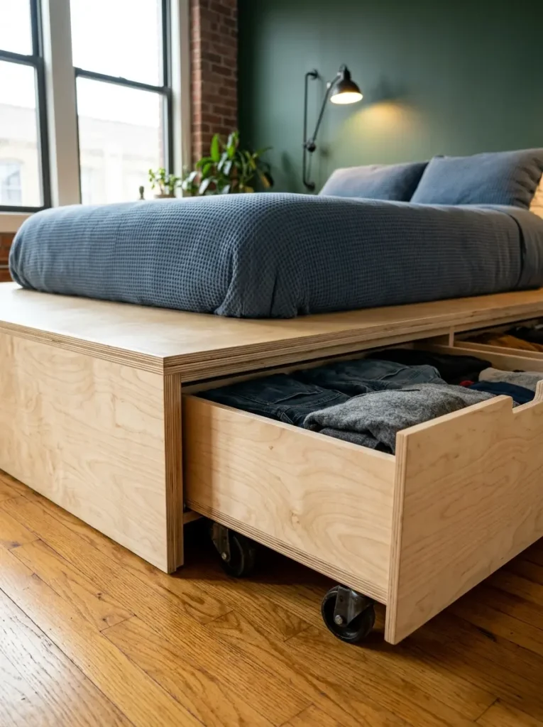 Deep wooden storage drawers roll out from under a platform bed