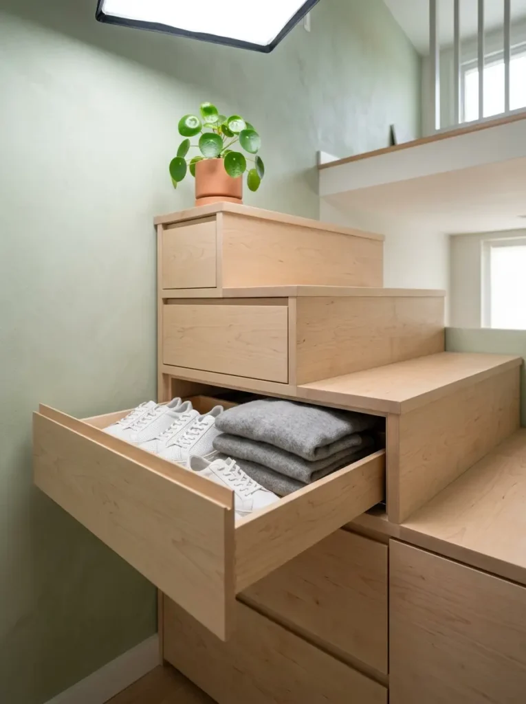 Blonde wood staircase with an open drawer built into the step riser revealing folded clothes.