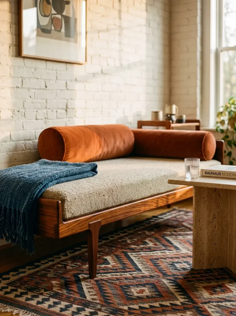 Wooden Daybed Wooden daybed with a beige cushion and rust orange velvet bolsters against a white brick wall.