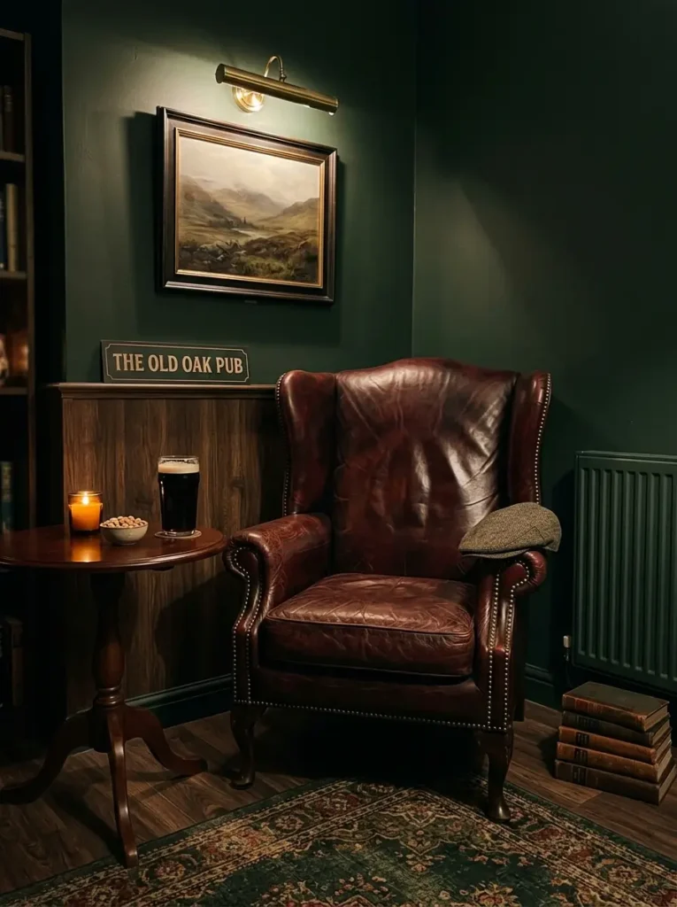Burgundy leather wingback chair next to small round wooden pub table in dark green paneled apartment corner