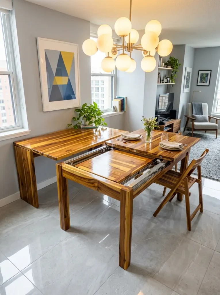 Acacia wood transformer dining table partially expanded on a steel track in a bright dining area.