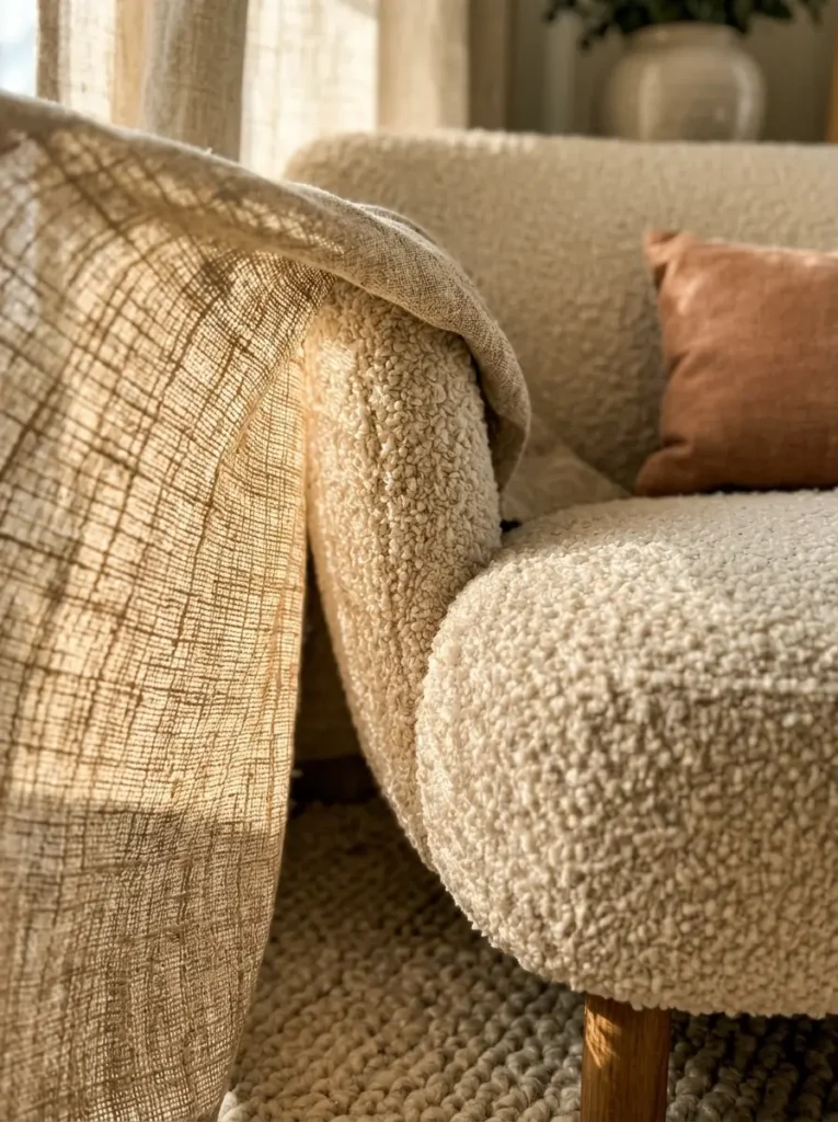 Layering Textures Living Room Comfort Close up of a boucle accent chair layered with heavy linen curtains and a natural wool rug.