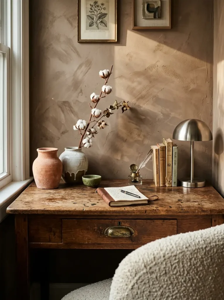 Vintage Writing Desk Curated Maximalism Antique walnut writing desk with brass pulls styled with modern ceramics for a personalized living space.