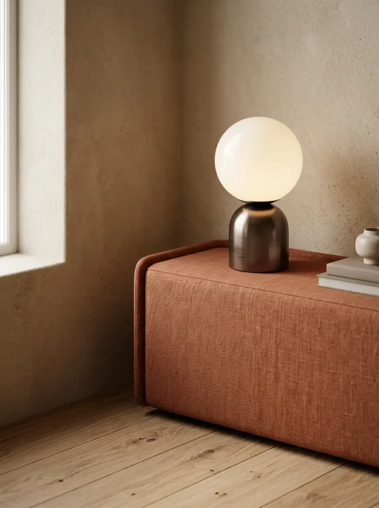 Warm Minimalist Decor Color Palette Close up of a terracotta linen credenza against a sand plaster wall demonstrating warm minimalist decor 2026.