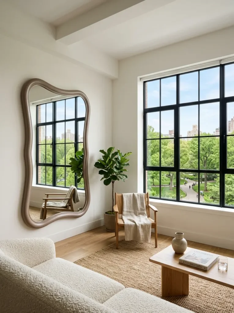 Strategic Mirror Placement Natural Light Large organic shaped floor mirror reflecting a bright window to optimize natural light in a small apartment.