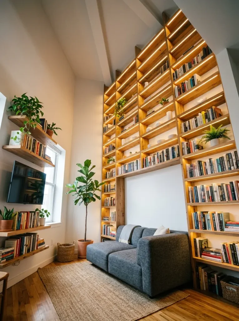 Vertical Wall Storage Shelves Small Space Floor to ceiling reclaimed wood shelving with hidden LED lighting in a small living room layout.