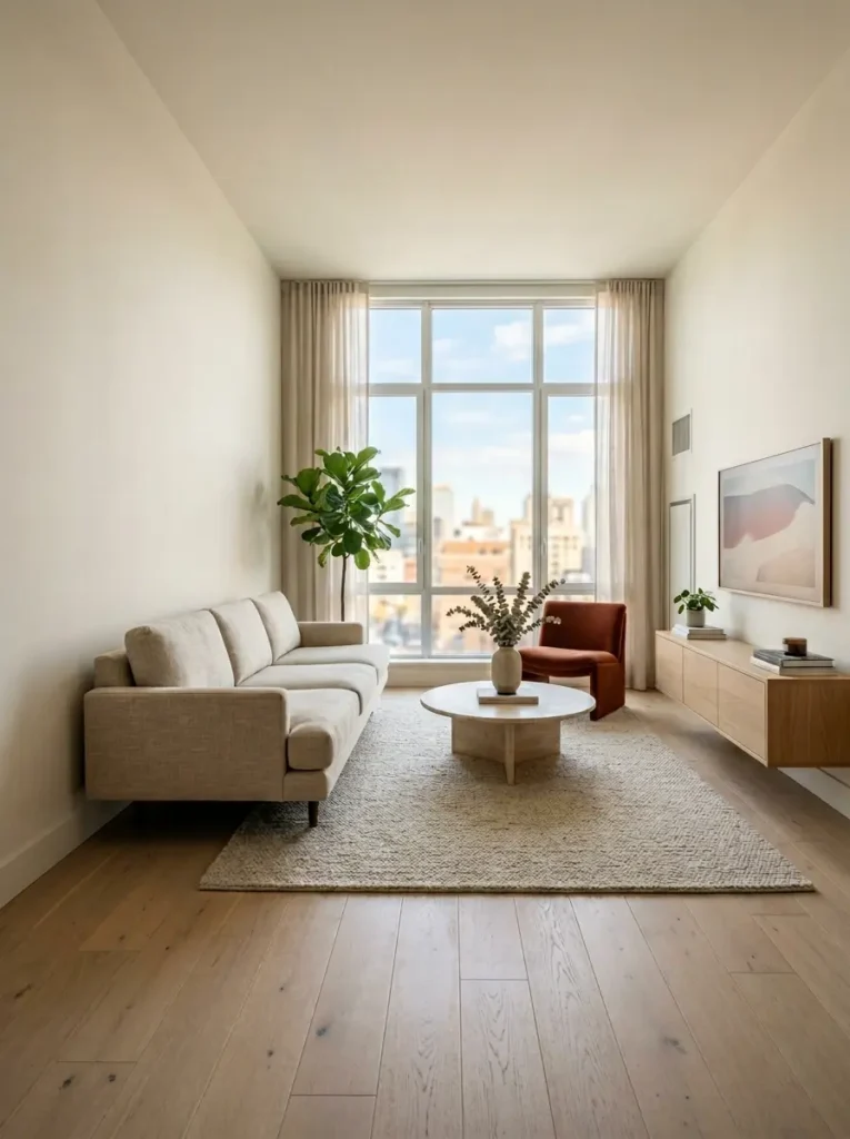 Small Living Room Layout Floating Sofa Small space decor for beginners showing a mid century sofa floating away from the wall to create visual depth.