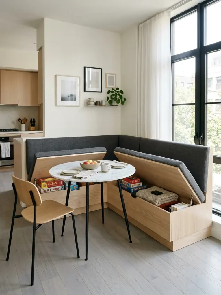 L-shaped dining banquette bench with lift-up seats showing interior storage.