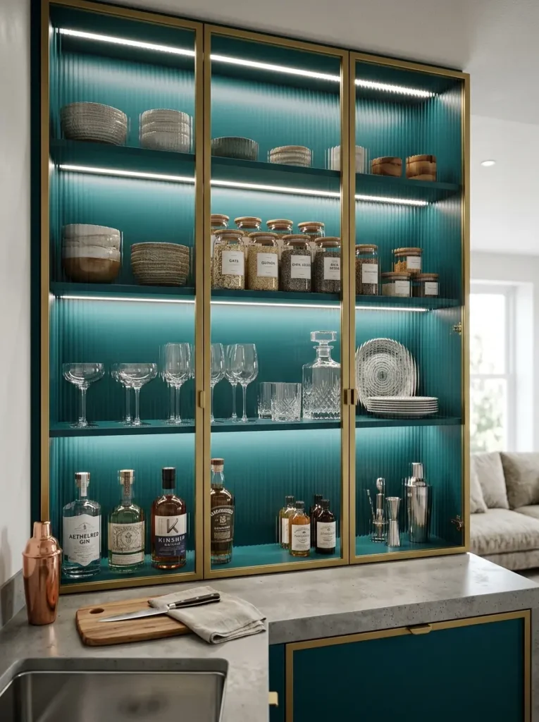 Glass-Front Bantry Cabinets with LED Lighting Teal interior glass-front kitchen cabinets with brass frames displaying curated dishes and jars.