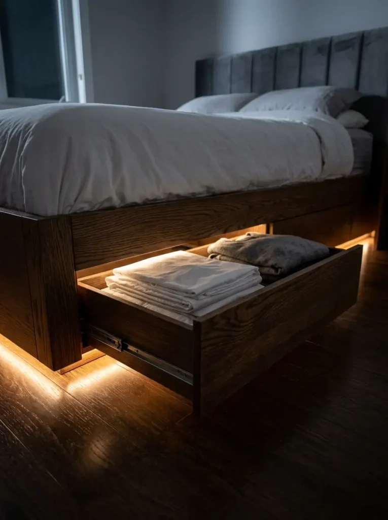 Modern bed frame with storage drawers open showing organized bedding underneath.