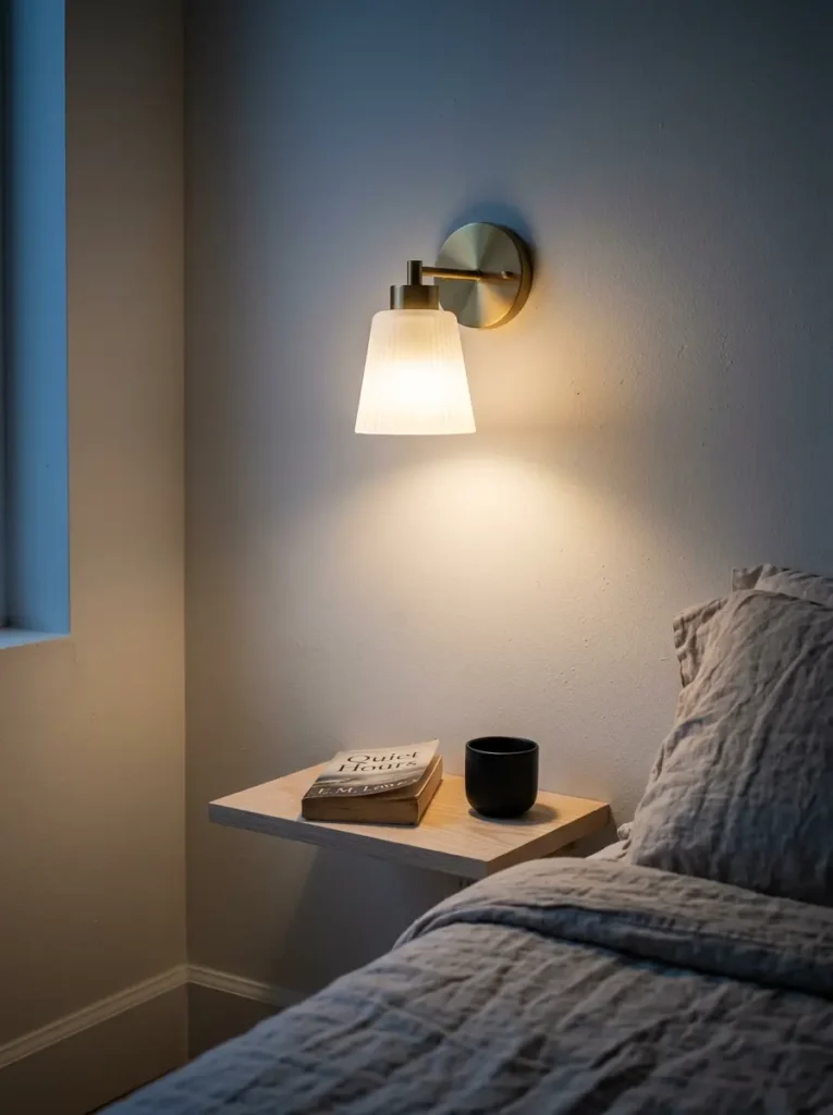 Cordless Adhesive Sconces for Warm Minimalist Apartment Decor A brass cordless adhesive wall sconce emitting a warm glow over a wooden nightstand showcasing warm minimalist apartment decor.