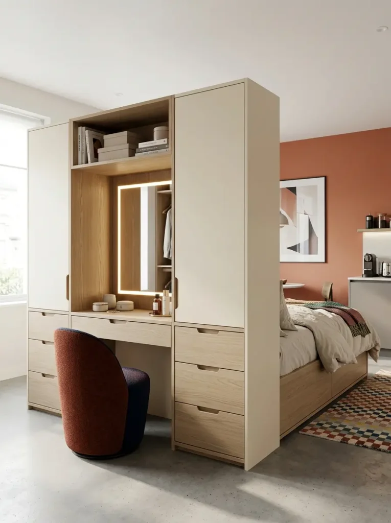 Double-Sided Bespoke Bed Frame with Storage Back side of a bespoke bed frame featuring built-in wooden dressing drawers and a lighted vanity.