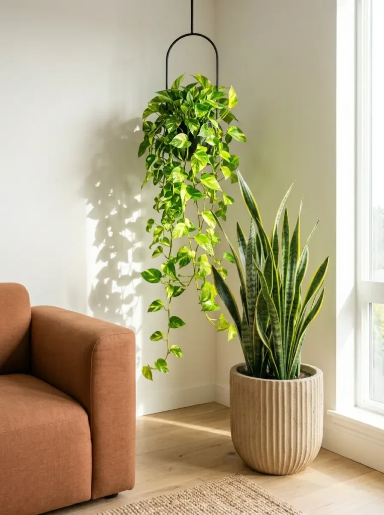 Biophilic Design Indoor Plants Small Space Vibrant snake plant and hanging golden pothos brightening up a small living room corner with biophilic design.
