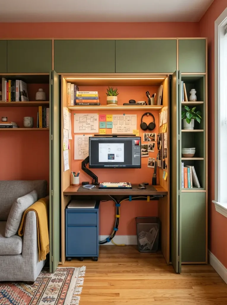 Hidden Home Office with Retractable Cabinet Doors Olive green cabinet with bifold doors wide open revealing a hidden home office desk setup.