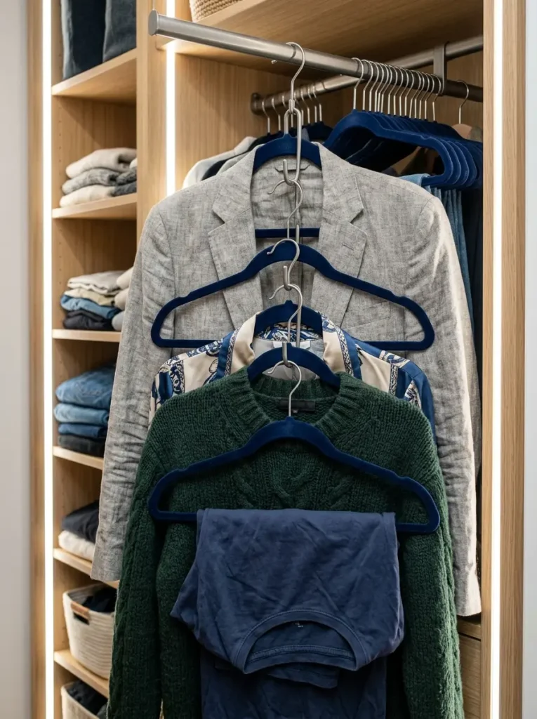 Space-Saving Cascading Velvet Closet Hangers Navy blue slim velvet hangers attached to cascading metal hooks holding various clothing items.
