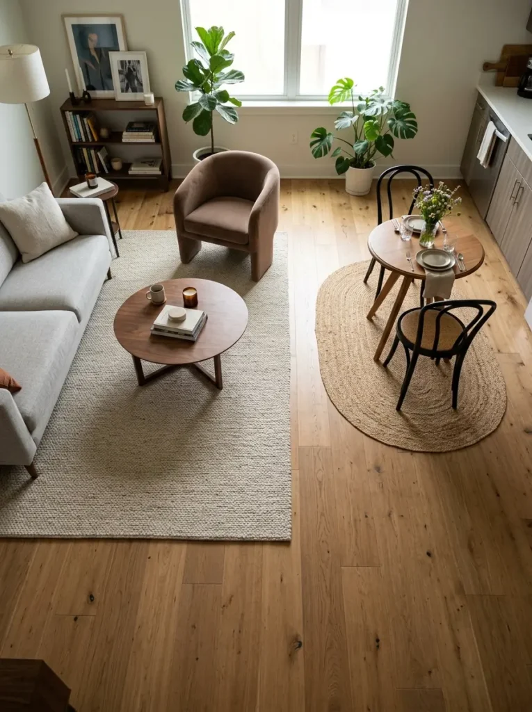 Thoughtful Rug Placement Zone Definition High angle view showing a natural wool rug anchoring a small living room seating zone to define space.