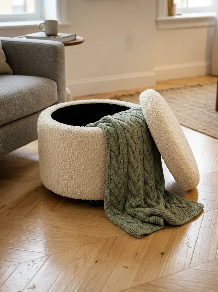 Cream cotton puff storage ottoman with lid slightly open showing a green blanket inside.