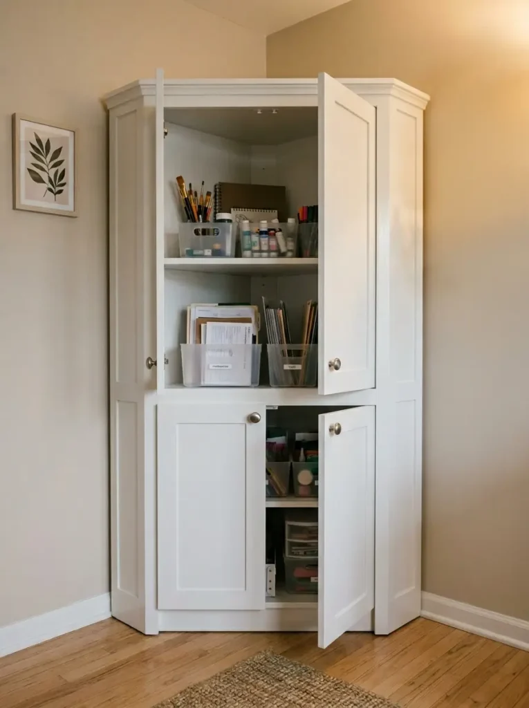 White corner cabinet with doors open holding art supplies in a living room.