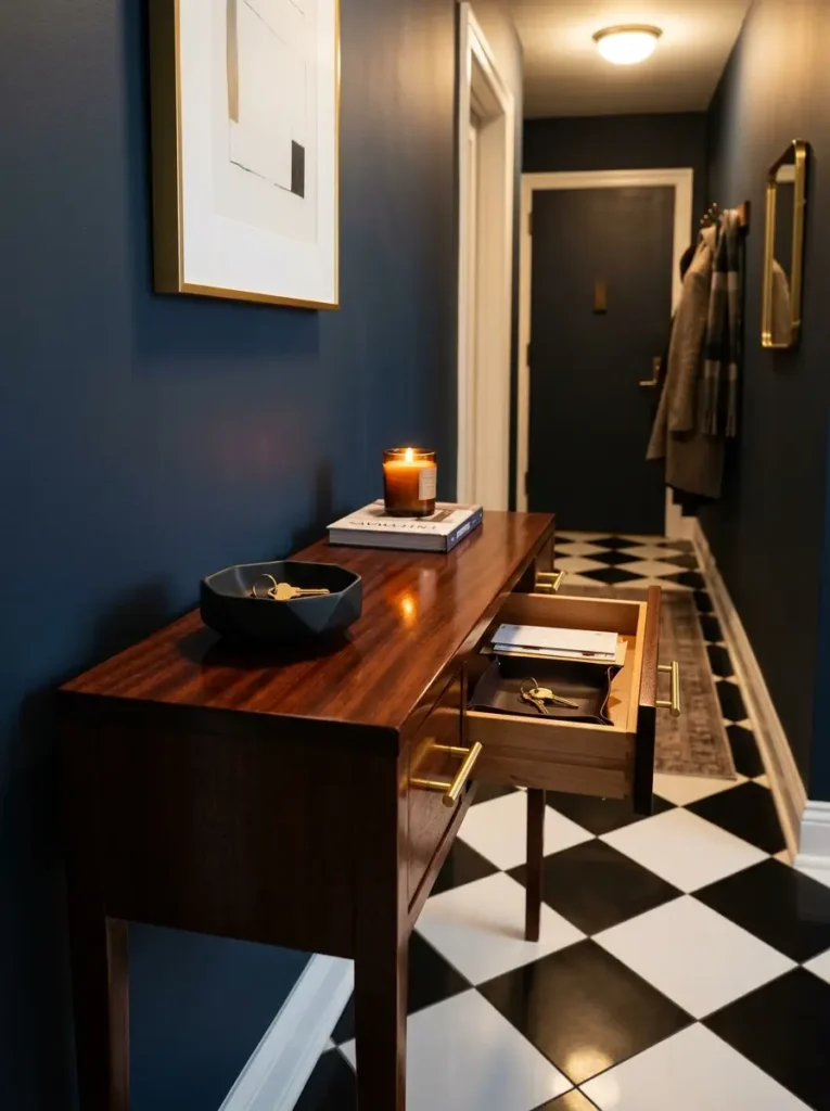 Narrow console table with drawers in a small hallway entryway.