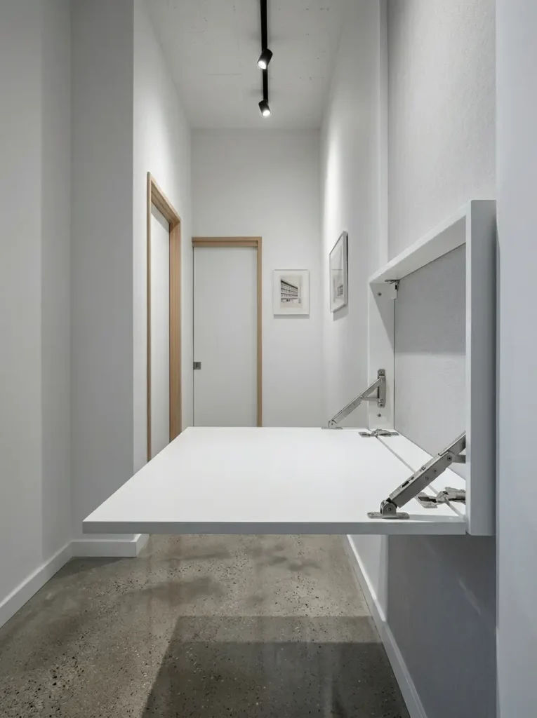 White wall-mounted drop-down desk open in a narrow hallway apartment space.