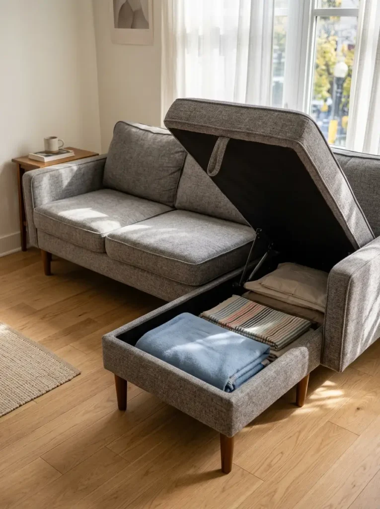 Grey sofa bed with chaise storage open in a small studio apartment.