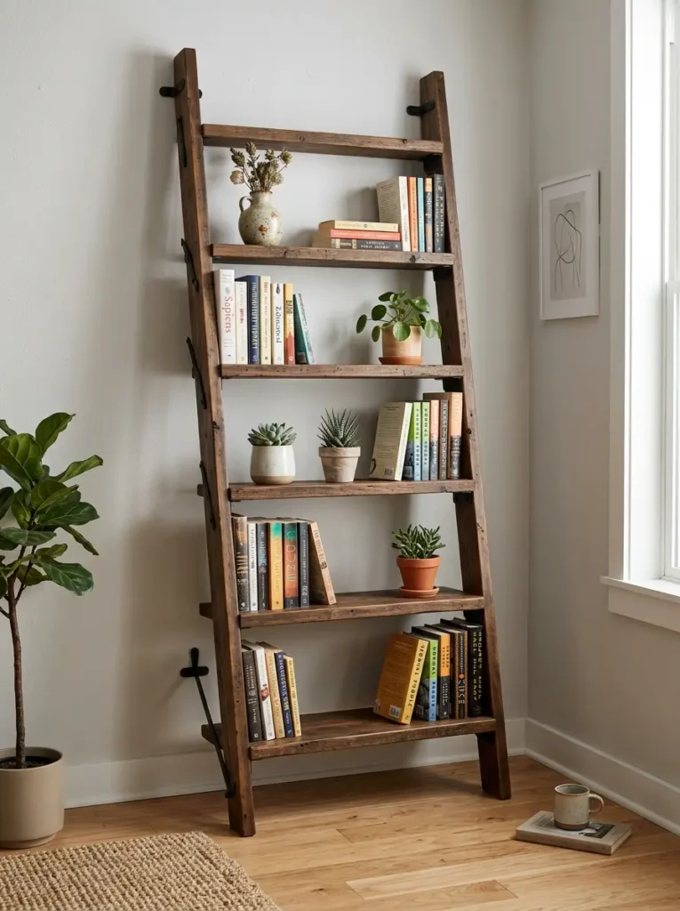 Vertical ladder style bookshelf leaning against a neutral living room wall.