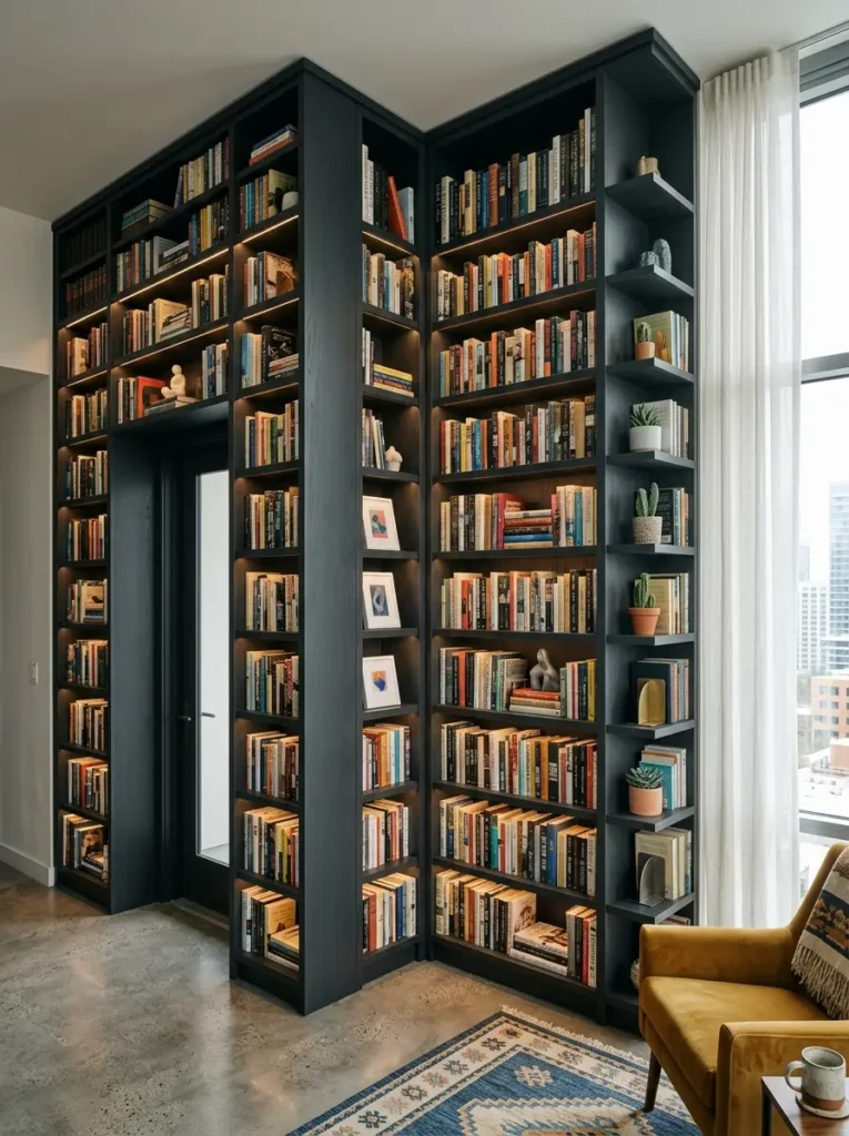 Floor-to-Ceiling Built-In Bookshelves Design Charcoal painted floor-to-ceiling bookshelves filled with books and illuminated by LED lights.