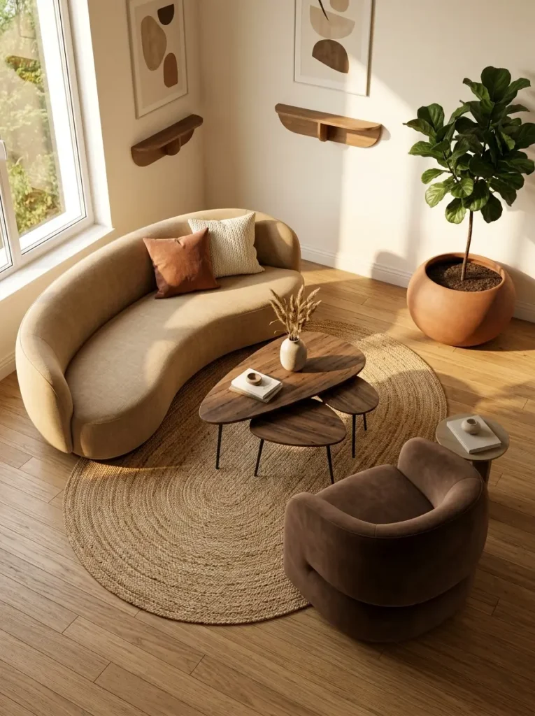 Curvy Furniture Small Space Traffic Flow Top down view of a curvy kidney bean sofa and round pebble coffee tables for cozy small apartment living.