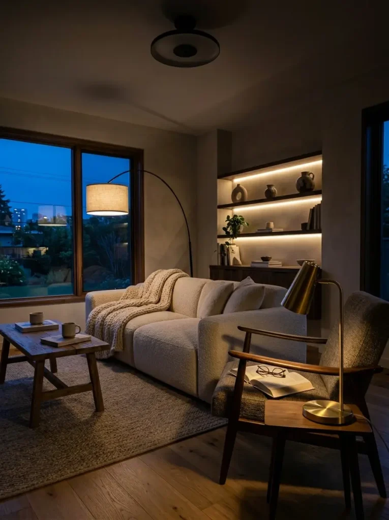Layered Lighting Warm Ambiance Living Room Small living room illuminated by warm 2700K floor lamps and reading task lights during twilight.