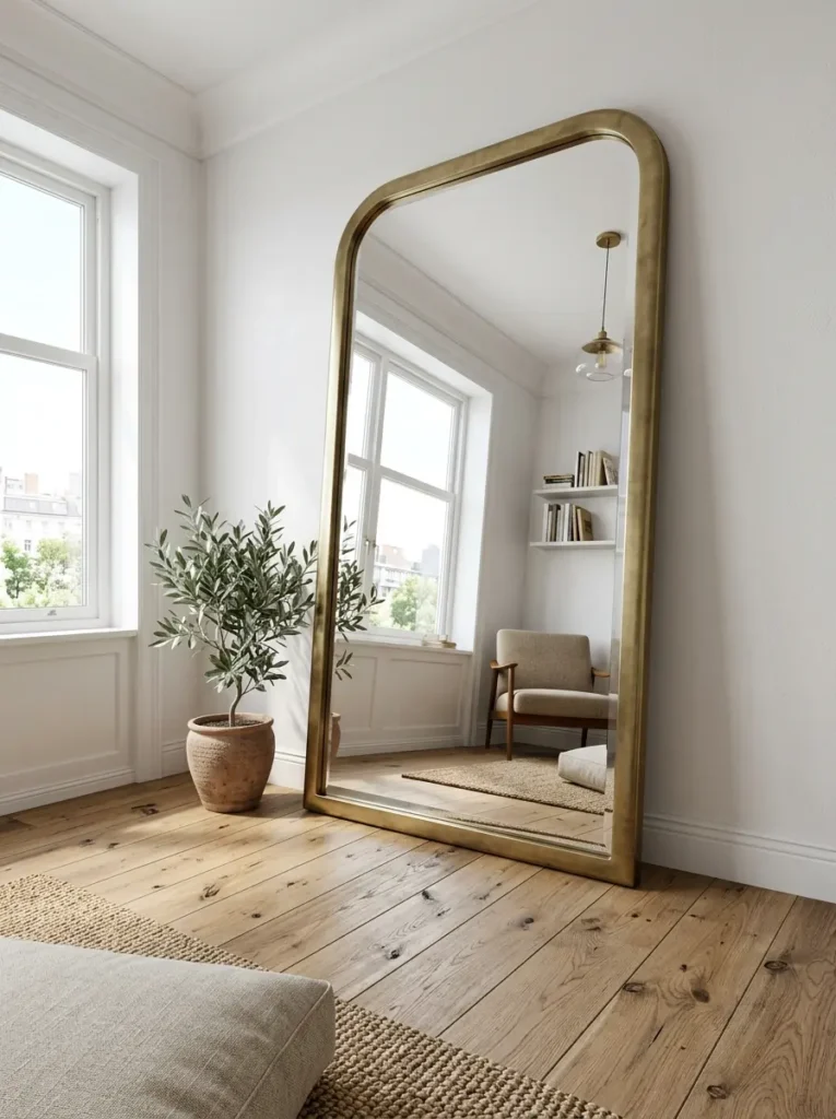 Oversized Curved Floor Mirror for Small Rentals A large oversized curved floor mirror with a brass frame leaning against a wall highlighting the best apartment decor finds for small rentals.